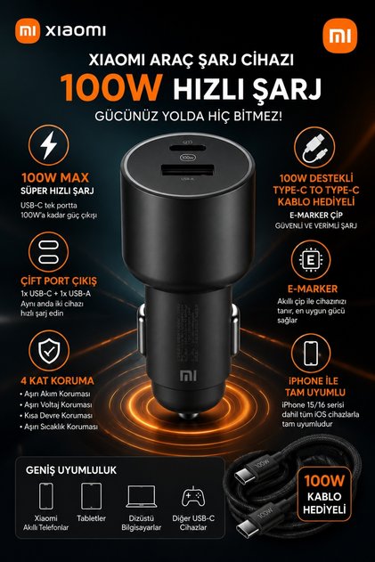 Mi 1A1C 100Watt Hızlı USB-C PD Araç Şarj Cihazı Çift Çıkışlı Çakmaklık Adaptörü 5A E-Marker Kablolu 1Metre