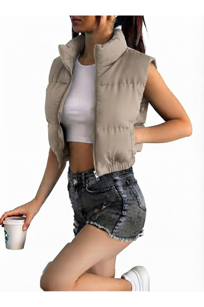 Women's Beige Stand-Up Collar Double Pocket Crop Vest