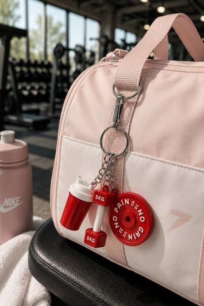 Fitness Sports Bag Charm Keychain – Bag Charm with Plastic Shaker, Dumbbell, and Plate Figures