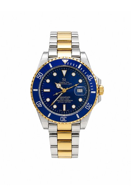 Erkek Kol Saati Çift Renk Çelik Kordon Mavi Kadran Takvimli Quartz Analog Bilek Saati