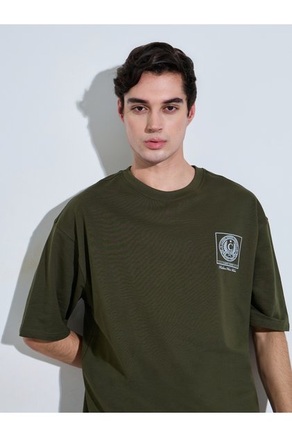 Men Olive Graphic Print Oversized T-Shirt