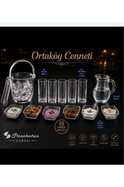 Paşabahçe15 parça R.kı. seti buz kovası buz maşası rakı bardagı meze kayık mini sürahi keyif set