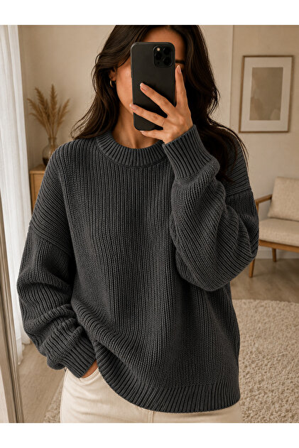 Kadın Premium Oversize Yumuşak Bisiklet Yaka Triko Kazak
