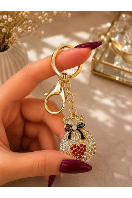 Gold Stone Money Pouch Figured Keychain, Stylish Bag and Key Accessory with Red Heart Detail