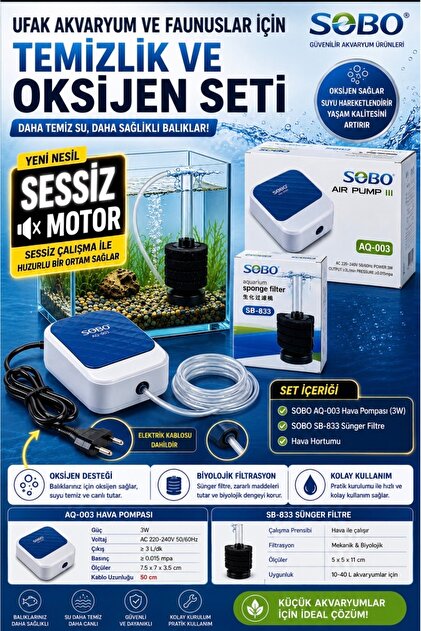 UFAK AKVARYUM VE FAUNUS TEMİZLİK VE OKSİJEN SETİ (Sessiz 3 wat hava motoru ,mini pipo filtre ,1,5 metre hava hortumu )