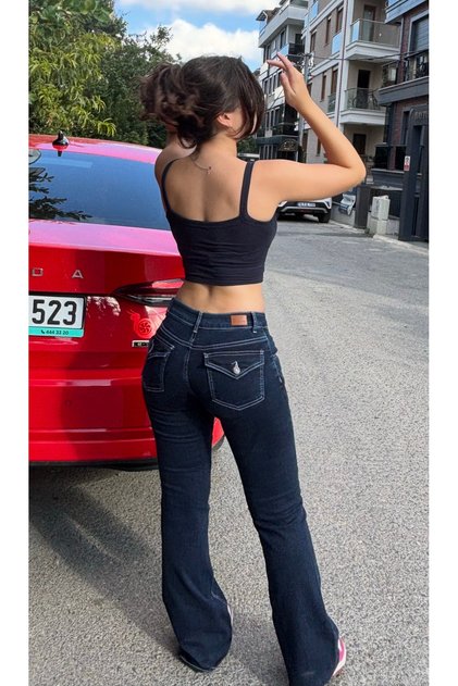 Low Waist Flare Jean with Flap Open Blue Spanish Flare Denim Pants