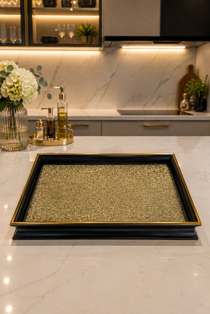 Ay Siyah Altın Detaylı Dekoratif Gold Simli Lüks Sunum ve Servis Tepsisi 41x29 cm