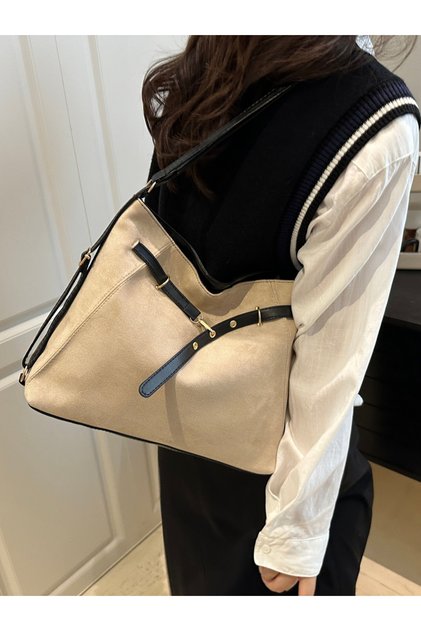 Beige Shoulder Bag with Belt Strap Detail