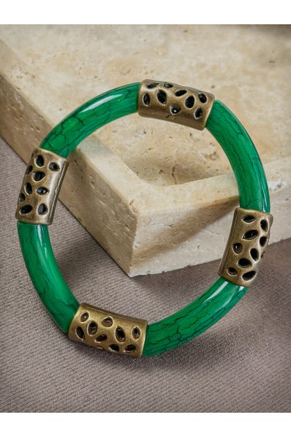 Bamboo Model Acrylic Resin Tube Cut Bronze Metal Detailed Unisex Bracelet