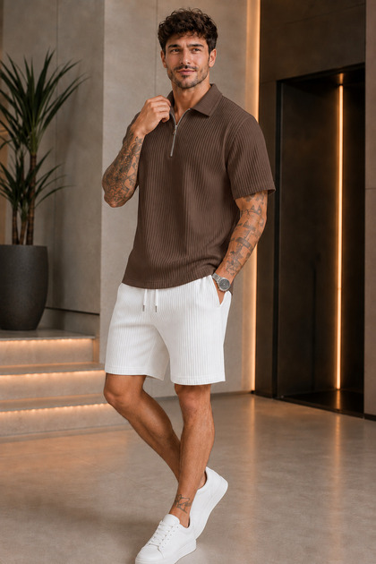 Premium Ribbed Ottoman Fabric Zipper Detailed Unisex T-Shirt and Shorts Set Women's and Men's Set