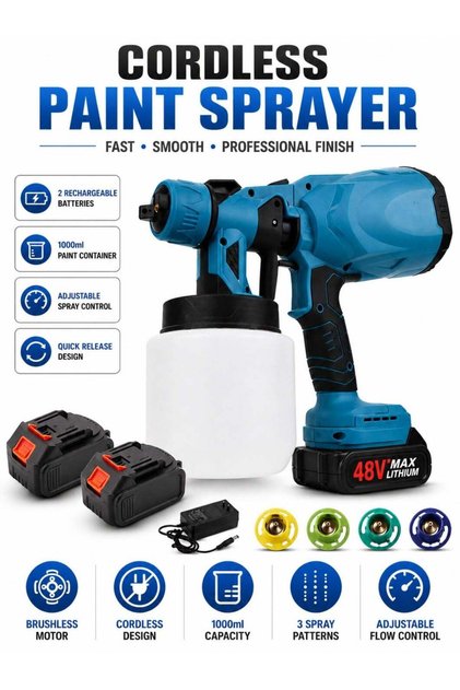 BT Cordless Spray Gun with 2 Rechargeable Batteries, 1000ml Paint Container, 4 Copper Nozzles
