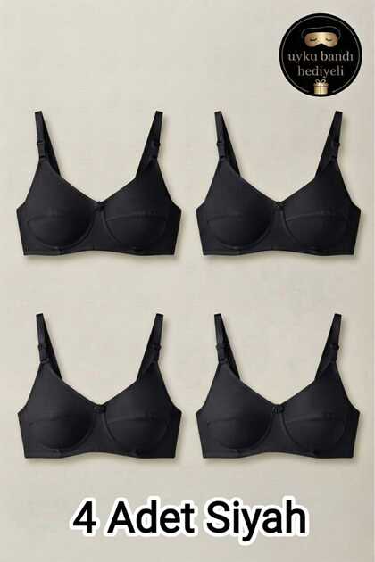 Pack of 4 Black Cotton Sponge-Free Underwire-Free Women's Combed Cotton Bras - with Sleep Band and Gift