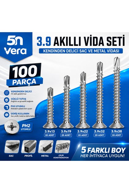 5N VERA 100 Parça YHB Akıllı Vida Seti | 3.9 Kendinden Delici Matkap Uçlu Sac ve Metal Vidası | PH2 Uyumlu | 3.9x13 3.9x19 3.9x22 3.9x32 3.9x38
