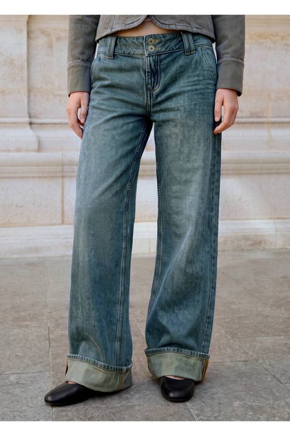 Wide-leg kıvrık paçalı jean pantolon