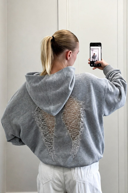 Wing Back Lace Detail Sweatshirt Gray