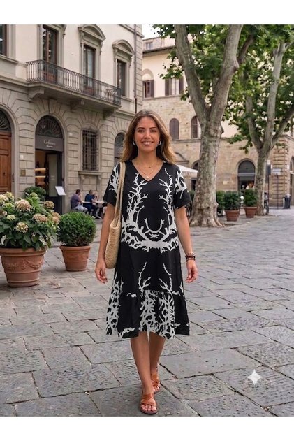 Women's V-Neck Patterned Half Sleeve Dress with Pockets