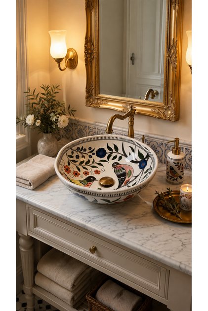 Papatya Model Songbird Garden Serisi El Yapımı Seramik Lavabo Özel Tasarım Tezgah Üstü Lavabo 45 Cm