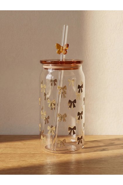 Lcw Home Mixed Bow Figured Glass Cup with Straw 400 ml