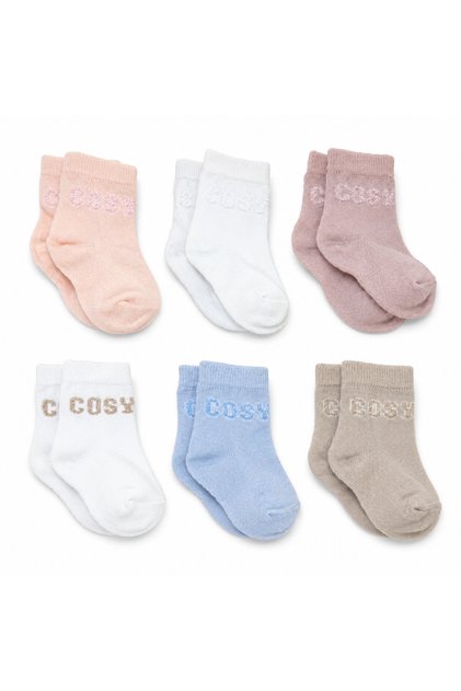 100% Cotton Set of 6 Unisex Baby Socks with Cozy Text Detail, Soft Newborn Socks