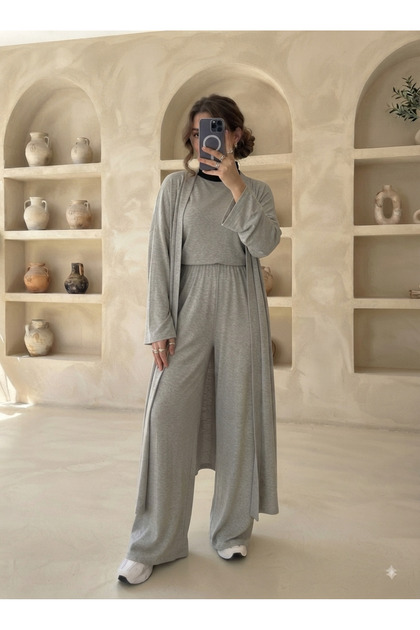 Women's Basic 3-Piece Combed Cotton Kimono Set with Wide-Legged Pants, Soft Textured Daily Combination