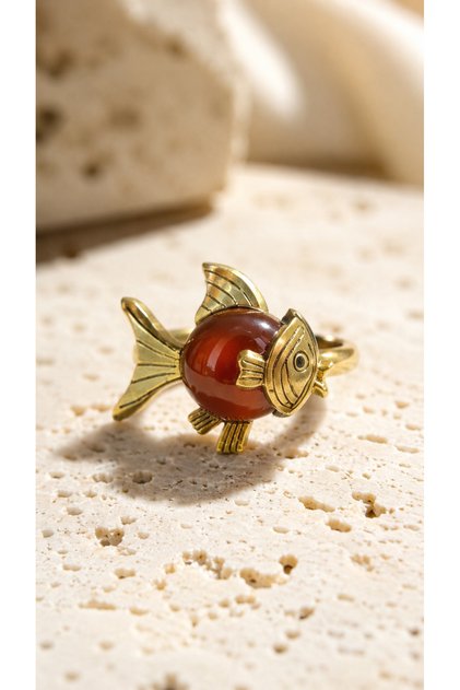 Agate Stone Fish Ring Copper Ring Women's Vintage Ring Authentic Natural Stone Ring