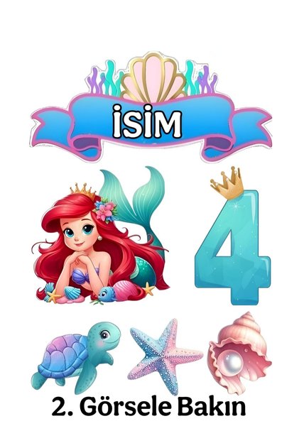 Deniz Kızı Pasta Süsü Pasta Resmi Ve Baskısı 4 Yaş - Yenilebilir Pasta Süsü- Yenilebilir Kağıt Baskı