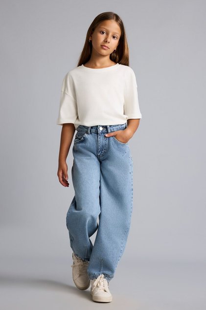 100% Cotton Pocket Detailed Baggy Fit Jean Trousers for Girls H8895A826Au