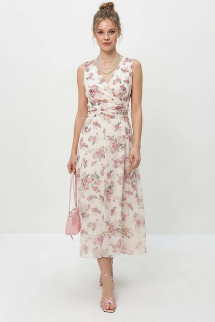 Women's V-Neck Floral Patterned Lined Chiffon Midi Pink Dress