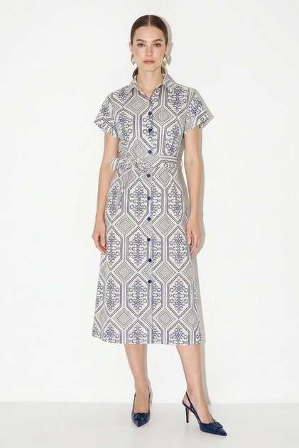 Women's Linen Embossed Patterned Midi Navy Blue Dress with Elastic Waist and Belt