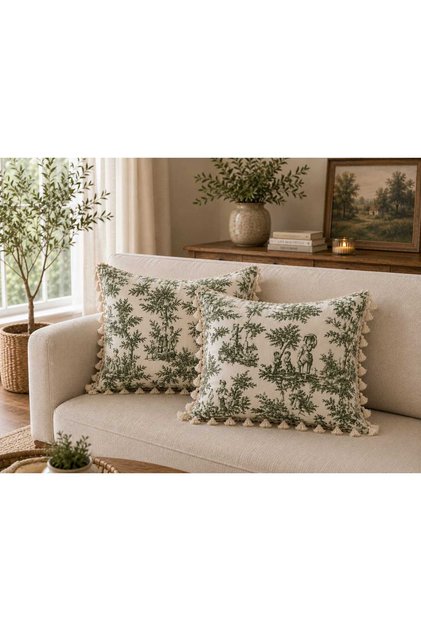 Duck Fabric French Peasants Patterned Decorative Tufted Throw Pillow Cover - Dowry Set of 2