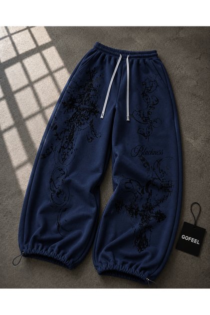 Tech Gothic Rose Detailed Baggy Unisex Sweatpants (3 Threads)