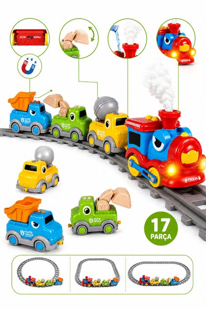 Buhar Çıkaran Işıklı ve Sesli Şantiye Tren Seti - 17 Parça Manyetik Bağlantılı Eğitici Oyuncak İş Makineleri