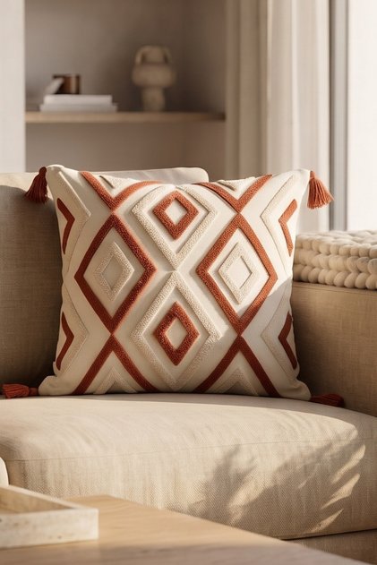 Bohemian Ethnic Geometric Patterned Embossed Punch Embroidered Tassel Cushion Cover 42X42 cm