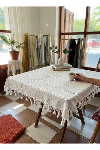 100% Cotton Traditional Kara Tezgah Buldan Woven Tasseled Fiskos Table and Square Tablecloth - 90X90 cm (Off-White / Natural)