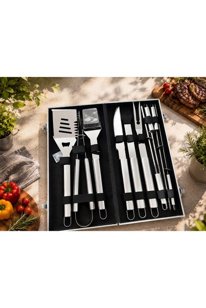Set ustensile grătar 10 piese cu husă aluminiu, inox + silicon, mânere lungi, argintiu, foarte practic si usor de curatat.