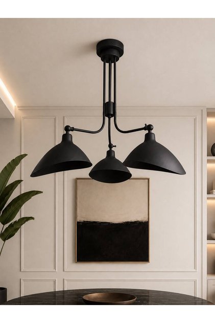 ELARA Siyah Metal 3'lü Ayarlanabilir Avize – Modern Salon ve Yemek Masası Avizesi, E27 Ampul Uyumlu Dekoratif Mutfak ve Tavan Aydınlatması