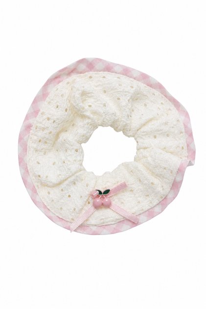 Stylish Cherry Detailed White Pink Checkered Fabric Rubber Buckle Hair Accessory