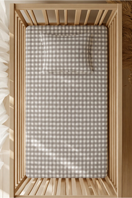 %100 Pamuk Ranforce Lastikli Çarşaf Seti - Gri Pötikare Desenli Park Yatak 70x120 35x45