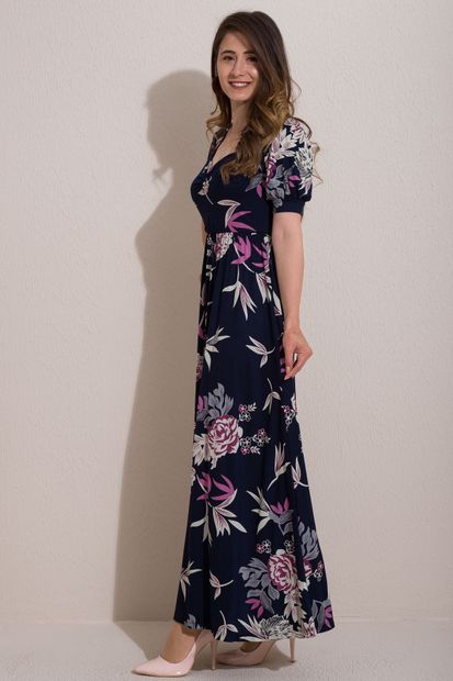 Kadın Modası Kadın Laci Kalp Yaka Büzgülü Yarım Kol Çiçekli Viscon Elbise - 3