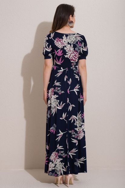 Kadın Modası Kadın Laci Kalp Yaka Büzgülü Yarım Kol Çiçekli Viscon Elbise - 5