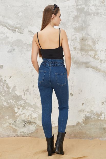 Orjinshop Kadın Mavi Beli Lastikli Yüksek Bel Mom Jeans - 6