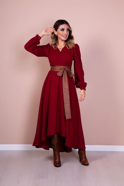 Rochie de damă din piele vișiniu cu curea rochie vișiniu cu mânecă lungă cu croială asimetrică