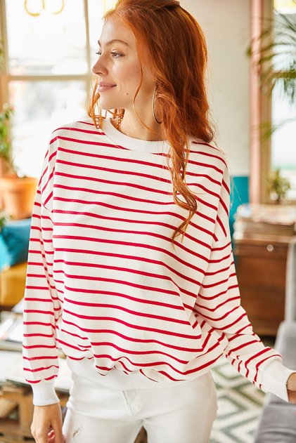 Women's White Claret Red Striped Basic Soft Textured Casual Sweatshirt SWT-19000457