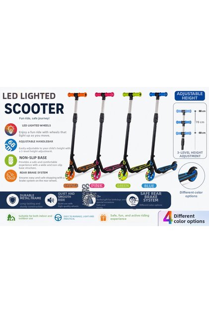 Adjustable Kids' Scooter with Led Lights and Wheels – Orange, Pink, Green, and Blue Color Options
