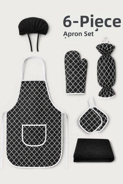 Trendy Çeyiz 6 Piece Dowry Set (Kitchen Apron, Chef's Hat, Towel, Bag Holder, Gloves and Utensil Holder)
