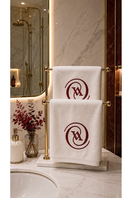 Pack of 2 Burgundy V Patterned Decorative Hand Towels 30X50 cm Velvet Cotton Embroidered Bath and Guest Towels