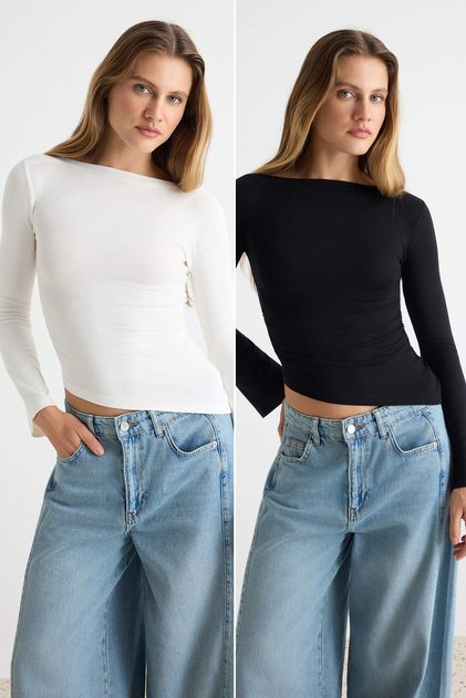 Siyah-Ekru 2'li Düz Fitted/Vücuda Oturan Kayık Yaka Uzun Asimetrik Yumuşak Örme Bluz TWOAW27BZ00062