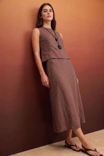 Brown 100% Linen Blouse Skirt Woven Bottom - Top Set Twoss26Au00135