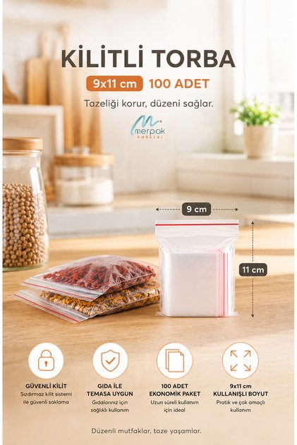 Kilitli Torba 9x11 Cm 100'lü Şeffaf Kilitli Poşet Kına Çerez Kuruyemiş Poşeti