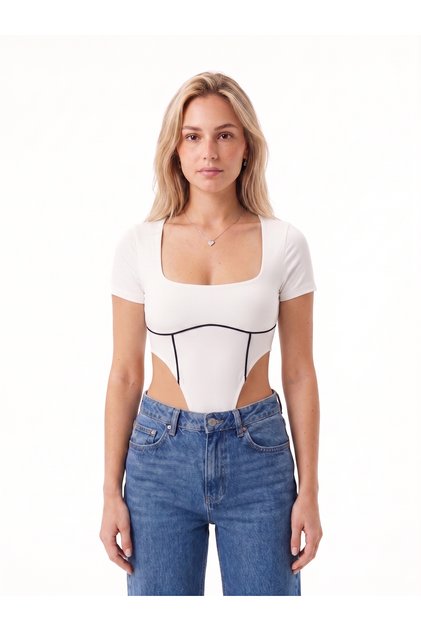 Women's White Corset Detailed Square Neckline Chest-Cut Short Sleeve Stylish Snap Fastener Bodysuit